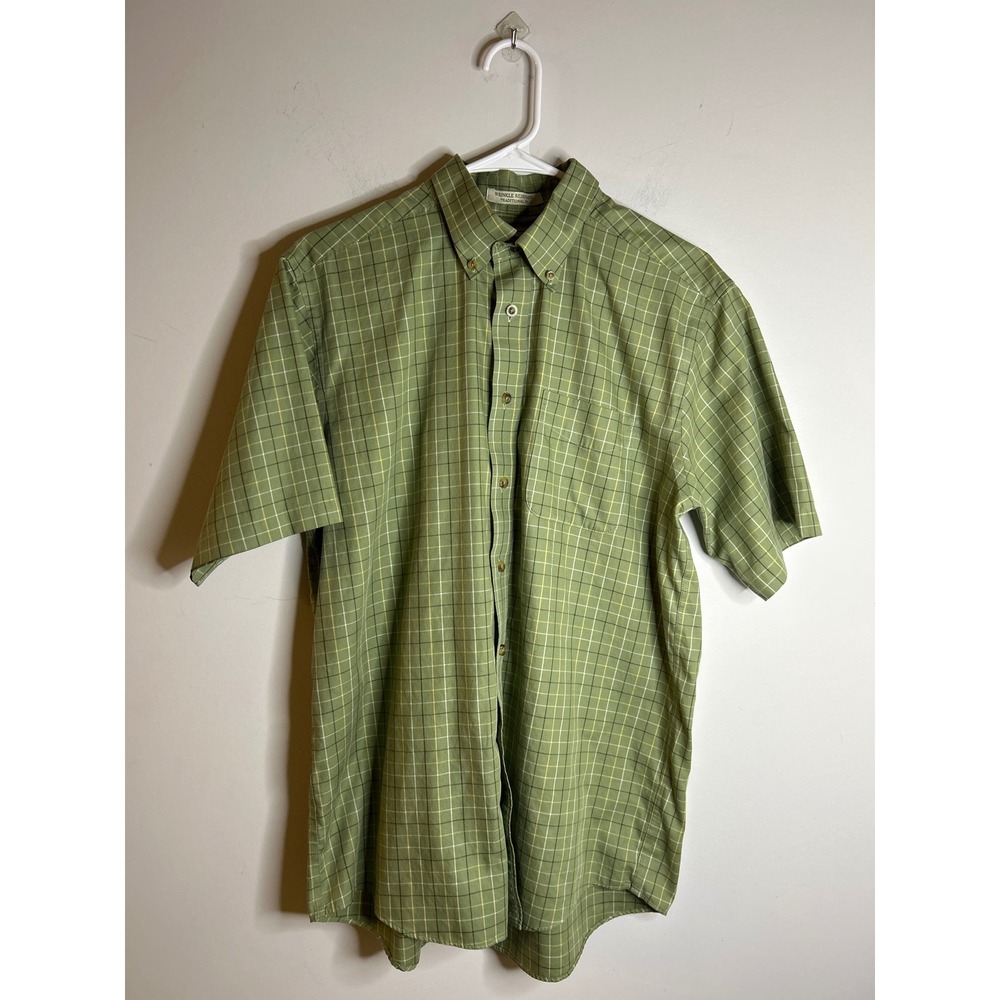 LL Bean Green Plaid Short Sleeve Button Down Shirt Wrinkle Resistant Mens Medium